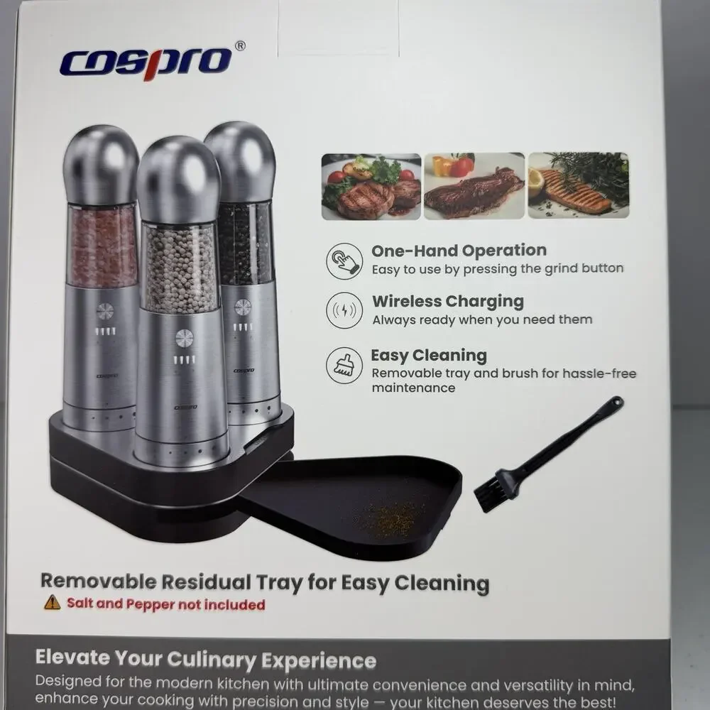 COSPRO Electric Salt & Pepper Grinder Set (3) Adjustable Coarseness NIB